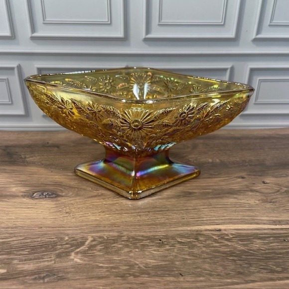Vintage Marigold Carnival Glass Candy Dish Pedestal Bowl Floral Iridescent - Picture 1 of 7